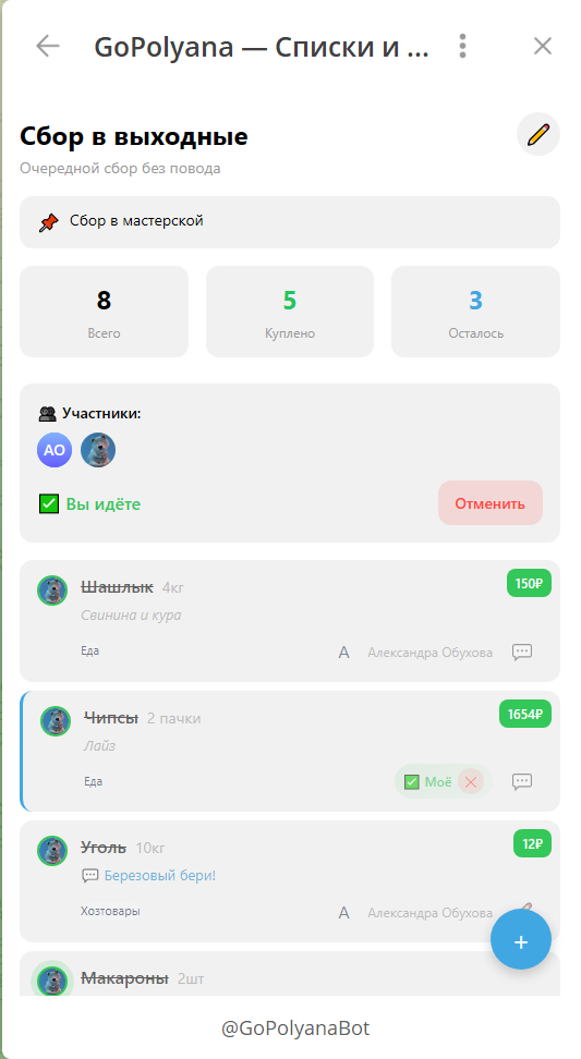 Список покупок с аватарками